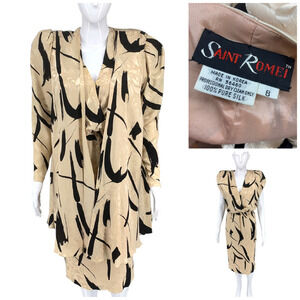 Vintage 1980's Saint Romei Sz 8 100% Silk 2 Pc Set Dress Jacket Abstract Korea